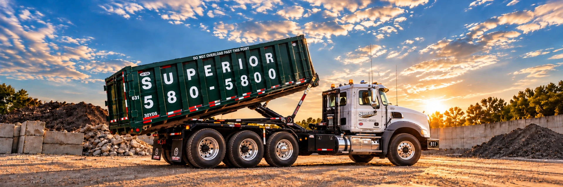 Superior Waste roll-off truck tipping a green container at sunset